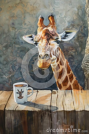 A giraffe sitting serenely with a cup of coffee, captured in watercolor, embodying the art of taking a restful pause Cartoon Illustration