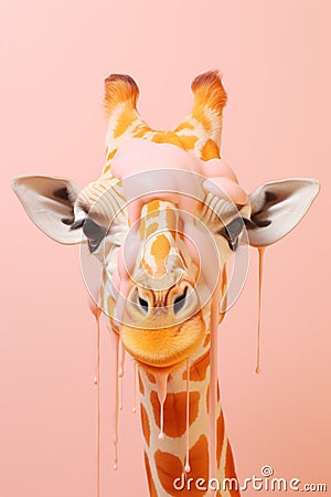Giraffe with splash of paint dripping off her face. Colorful and fun kids room decoration, party, birthday background Stock Photo