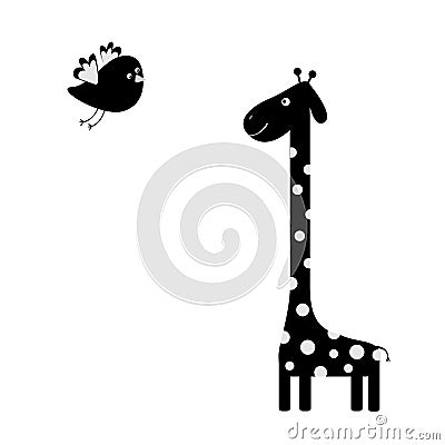 Giraffe with spot. Flying bird. Black silhouette shape. Zoo animal. Cute cartoon character. Long neck. Savanna jungle african anim Stock Photo