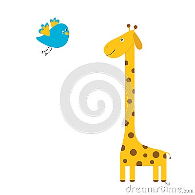 Giraffe with spot. Flying bird. Zoo animal. Cute cartoon character. Long neck. Wild savanna jungle african animals collection. Edu Vector Illustration