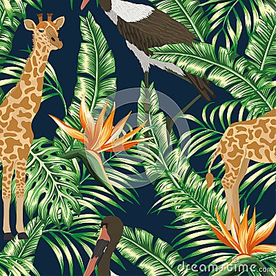 Giraffe stork seamless tropical pattern dark blue background Vector Illustration