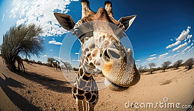 A majestic giraffe gazing the camera, with its head held high, generative AI Stock Photo