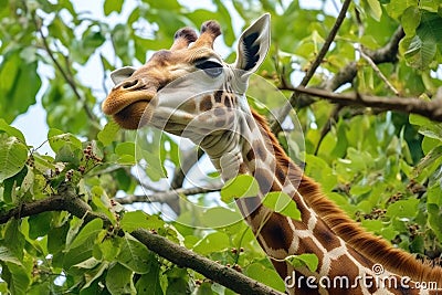 a giraffe stretching its neck to eat leaves from a tree Stock Photo