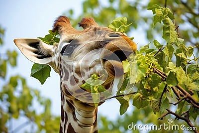 a giraffe stretching its neck to eat leaves from a tree Stock Photo