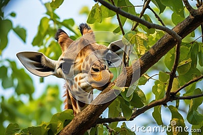 a giraffe stretching its neck to eat leaves from a tree Stock Photo