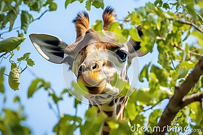 giraffe stretching to eat leaves from the top of a tree Stock Photo