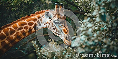 A giraffe stretching to nibble on treetop leaves , concept of Herbivore behavior Stock Photo