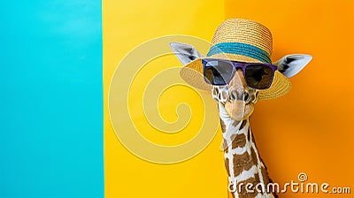 Giraffe sunglasses and summer hat in studio with a colorful and bright background. Generative Ai Stock Photo