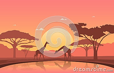 Giraffe Sunset Oasis Animal Savanna Landscape Africa Wildlife Illustration Vector Illustration
