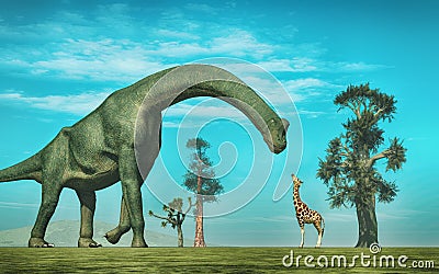 Giraffe vs brachiosaurus Cartoon Illustration