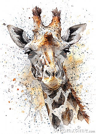 Giraffe watercolor painting and ink drawing Stock Photo