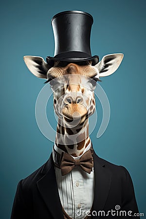giraffe wearing a black top hat with bow tie Cartoon Illustration