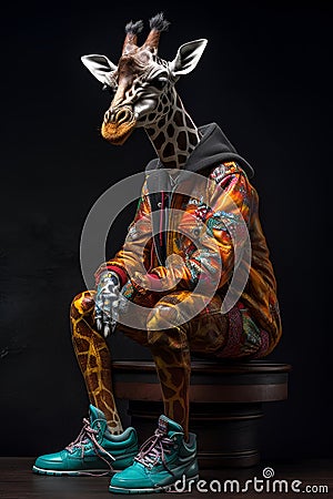 Giraffe wearing hiphop clothes and sneakers sitting over dark background Stock Photo