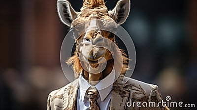 A giraffe wearing a suit and tie, AI Stock Photo