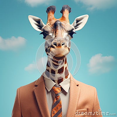 Surreal Giraffe In Suit: Ultra-realistic Image With Pastel Background Stock Photo