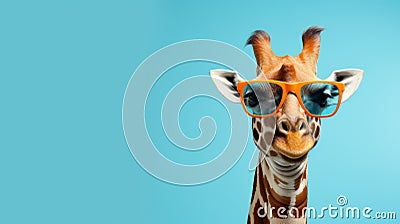 Retro Glamor: Giraffe Wearing Sunglasses On Blue Background Stock Photo