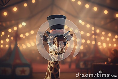 A giraffe wearing a top hat in a circus tent. Generative AI image. Stock Photo