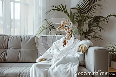 Giraffe in white bathrobe lounging at home, concept of leisure and unique home lifestyle. Stock Photo