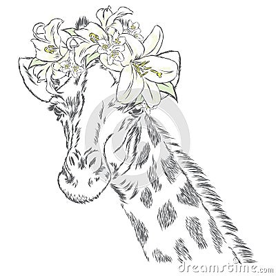 Giraffe in a wreath of flowers. Vector Illustration