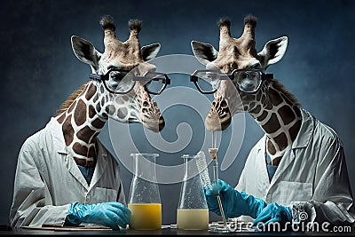 Giraffes as scientists experimenting created with Generative AI technology Stock Photo