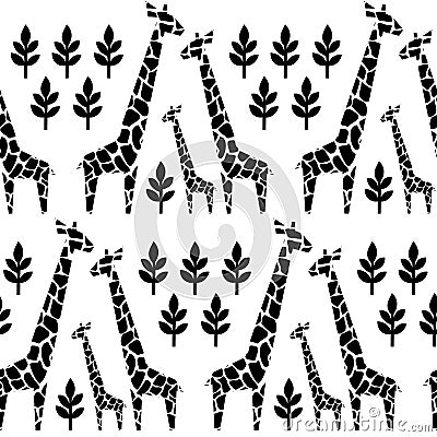 Giraffes family seamless pattern. Safari animal background. Black and white illustration savannah. Vector Illustration