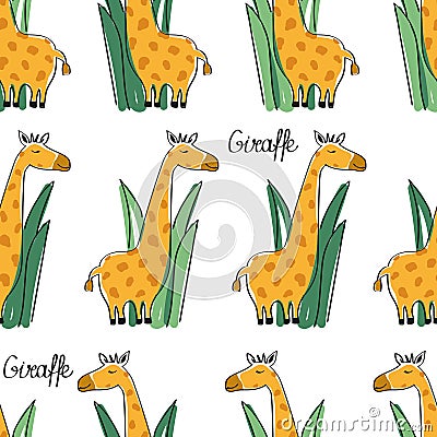 Colorful seamless pattern, giraffes in grass. Decorative cute background with animals Vector Illustration