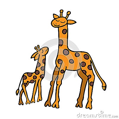 Giraffes mother and cub. Children`s illustration. Handwork. Vector Illustration