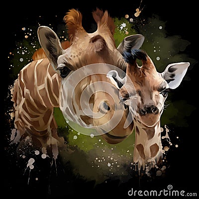 Giraffes, mother and cub watercolor illustration Cartoon Illustration