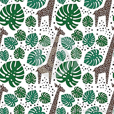 Giraffes, palm leaves and dots seamless pattern on white background. Vector Illustration