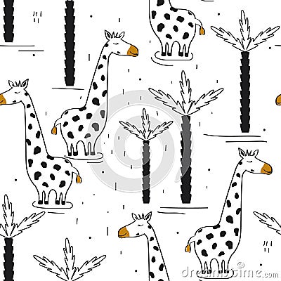 Black and white seamless pattern with giraffes and palm trees. Decorative cute background, funny animals Vector Illustration