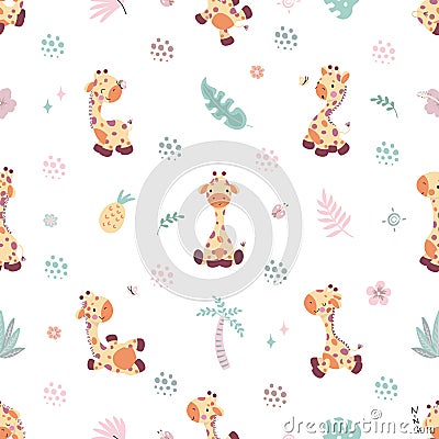 Giraffes seamless pattern, nursery adorable fabric print. Children giraffe characters, baby animals background. Jungle Vector Illustration