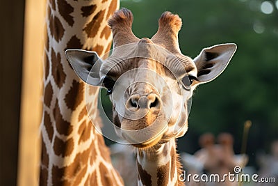 Giraffes up close portrait, observing you from the house window Stock Photo
