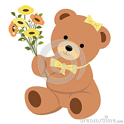 Girk Teddy Bear Holding Flowers Clipart Vector Illustration