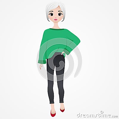 Vector girl with green clothes, jeans Stock Photo
