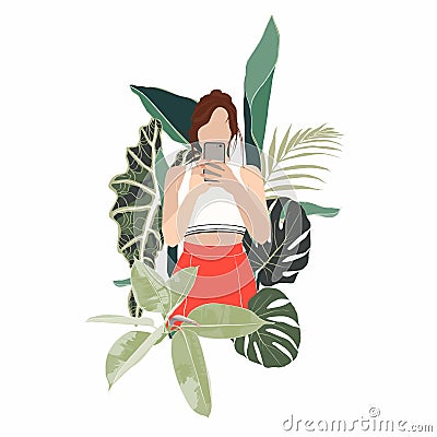 Flat concept illustration of young woman taking selfie in a mirror with her face hidden behind smartphone with tropical leaves beh Vector Illustration