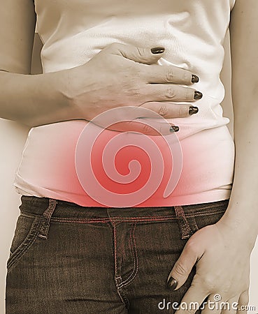 Girl abdominal pain distressed, poisoning, digestion symptom constipation Stock Photo