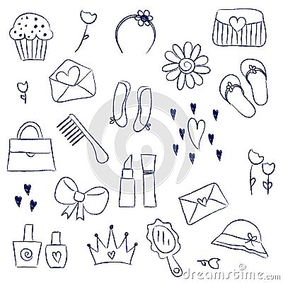 Girl accessories chalky doodles Vector Illustration