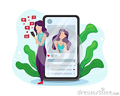 Girl addicted to social media and online feedback Vector Illustration