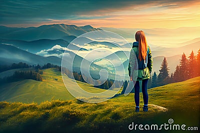 girl admires the mountains on the green slope. Generative AI, Generative, AI Stock Photo