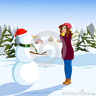 The girl admires the snowman in sunny winter day Vector Illustration