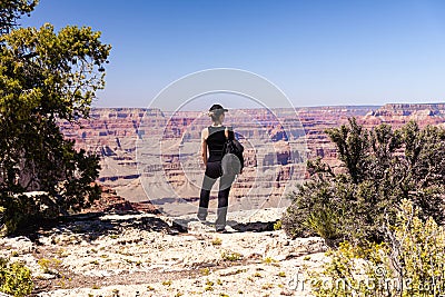 The girl admires the view from the edge of the cliff at the Grand Canyon in the USA Stock Photo