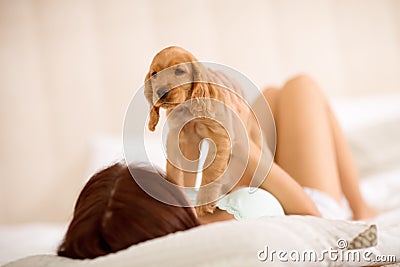 Girl adore his puppy race Cocker Spaniel Stock Photo