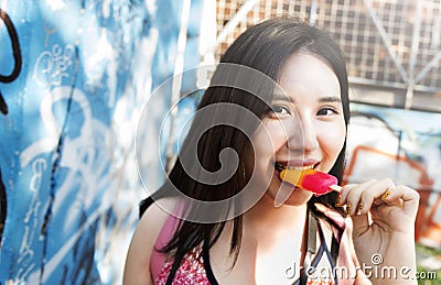 Girl Adventure Traveling Holiday Photography Popsicle Concept Stock Photo