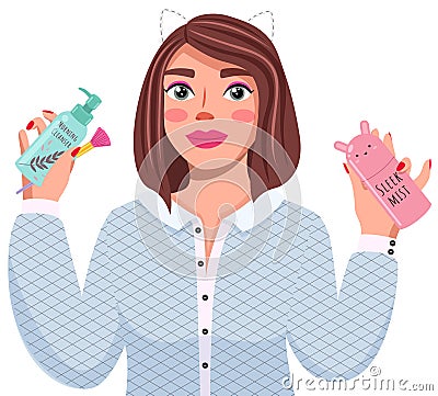 A girl advertises a cosmetics blogging about beauty. Facial funds morning cleanser and sleek mist Vector Illustration