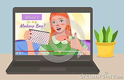 Girl advertises her makeup bag. Beautiful girl paints her eyes on video. Online blog on the screen Vector Illustration