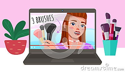 Girl advertises three makeup brushes. Beautiful girl paints her eyes on video. Cosmetic on the table Vector Illustration