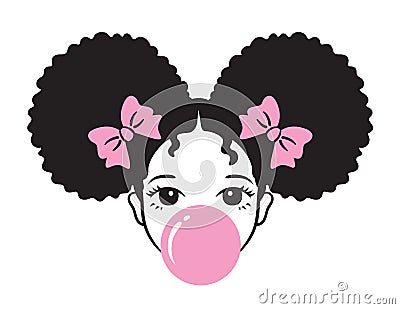 Girl with Afro Puff Hair Blowing Bubble Gum Vector Illustration