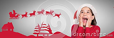 Girl against grey background with Santa hat amazed and surprised looking up and Santa illustrations Cartoon Illustration