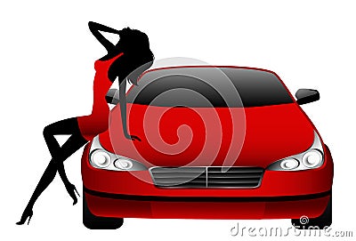 Girl against the red car Vector Illustration