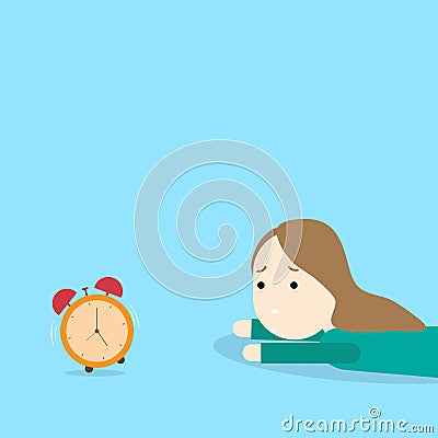 Girl with alarm clock. Morning routine. Wake up early Vector Illustration